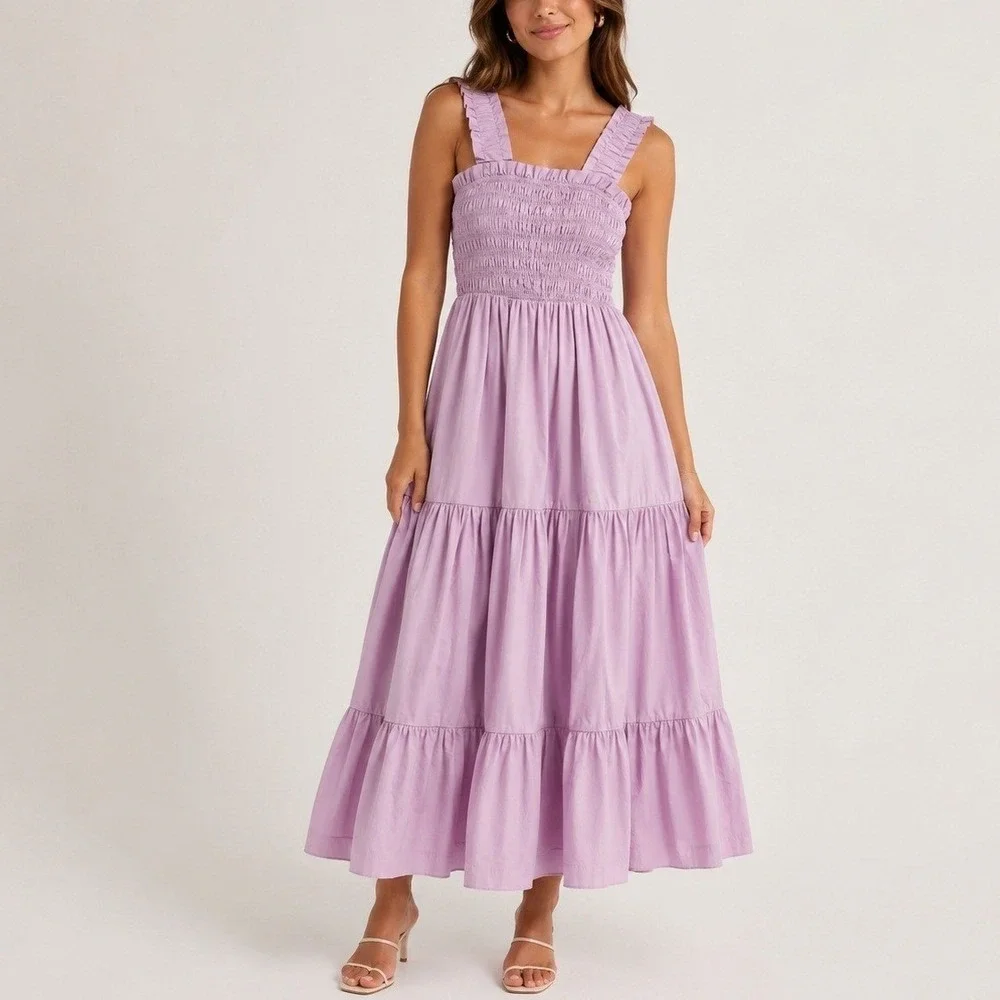 Abercrombie & Fitch‎ Smocked Bodice Easy Maxi Dress XS Lilac Purple Cottagecore